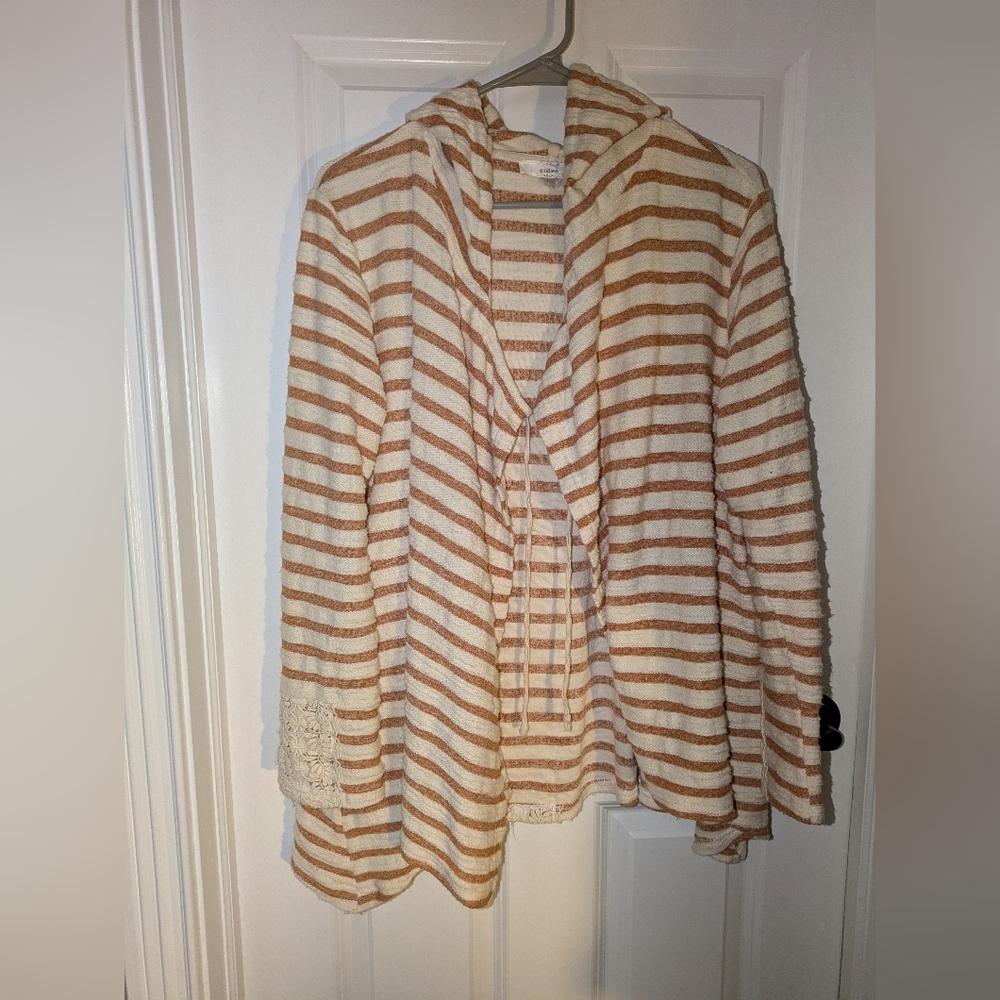 entro Hooded Open Cardigan Sweater - Cream & Tan Stripes